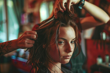 Hairdresser salon room interior, hair specialist making hairdo hairstyle to client, Generative AI