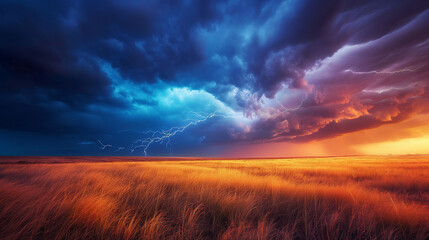 Fototapeta premium A dramatic and intense thunderstorm. Dark, ominous clouds dominate the sky, with vibrant streaks of lightning cutting through them. The storm appears to be approaching, casting a foreboding atmosphere