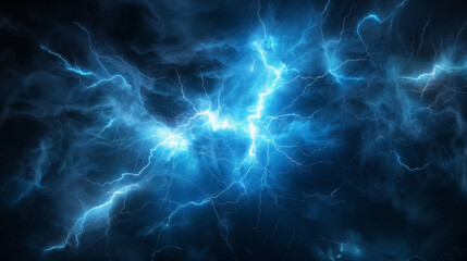 Obraz premium intense display of lightning, emanating from a central point and branching out in multiple directions. The lightning is a bright blue, contrasting sharply against a dark, almost black background.