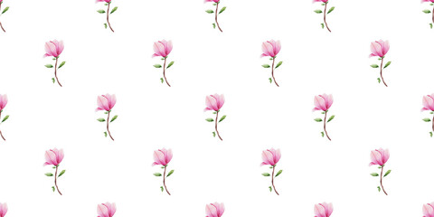 Flower Magnolia watercolor seamless pattern. Hand painted background with pink bud and leaves on white. Floral design for textile fabric or wallpaper