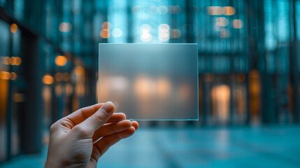 A human hand holding a transparent square card or object against a backdrop of a modern building with glass windows. The card appears to be blank and is held up close to the viewer