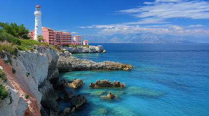 A picturesque coastal scene with a prominent white lighthouse at its forefront. The lighthouse stands tall on rugged rocky terrain, overlooking the azure blue sea.