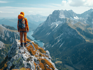 A hiker stands on a rocky mountain peak overlooking a stunning vista of snow-capped mountains and a winding lake in the distance