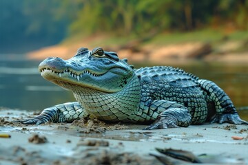 Obraz premium A Gharial crocodile resting on a sandy riverbank in India, its long, narrow snout filled with sharp teeth visible as it basks in the sun.