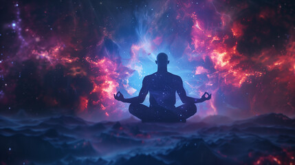 Man meditating in a cosmic, star-filled, mystical environment. Tapping into the quantum field.