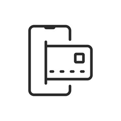 Obraz premium Online payment, linear style icon. Smartphone with bank card on screen. Online money transfer. Editable stroke width