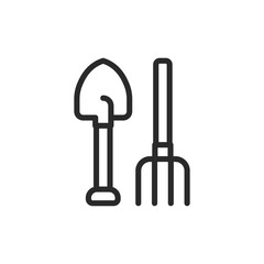 Shovel and pitchfork, linear style icon. For agricultural work, farm. Editable stroke width