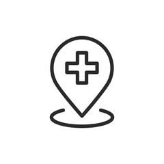 Location pin and medical cross, linear style icon. medical facility location. Editable stroke width