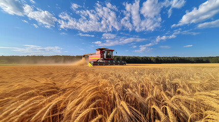Obraz premium A vast wheat field under a clear blue sky with scattered clouds. In the foreground, golden wheat stalks sway with the breeze. Dominating the middle of the image is a large agricultural combine harvest