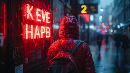 Fototapeta premium A person in a red jacket walks through a rainy city street at night, passing by a brightly lit neon sign
