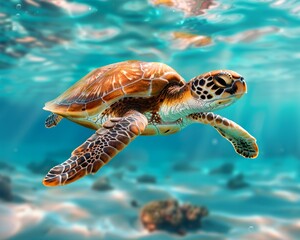 Fototapeta premium A beautiful sea turtle swims gracefully through the ocean.