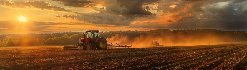 Fototapeta premium Agricultural workers with tractors