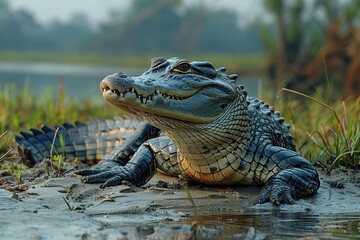 A Gharial crocodile resting on a sandy riverbank in India, its long, narrow snout filled with sharp teeth visible as it basks in the sun.