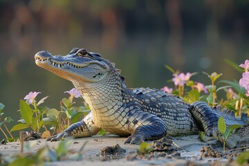 A Gharial crocodile resting on a sandy riverbank in India, its long, narrow snout filled with sharp teeth visible as it basks in the sun.