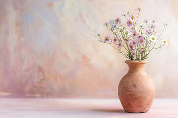 minimalism photo simple clay vase with bouquet of little wildflowers with copy space