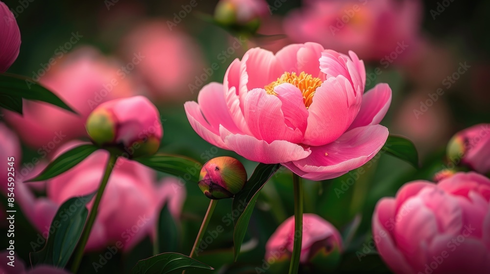 Poster Vibrant Pink Peony Growing in a Garden