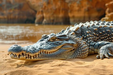 Fototapeta premium A Gharial crocodile resting on a sandy riverbank in India, its long, narrow snout filled with sharp teeth visible as it basks in the sun.