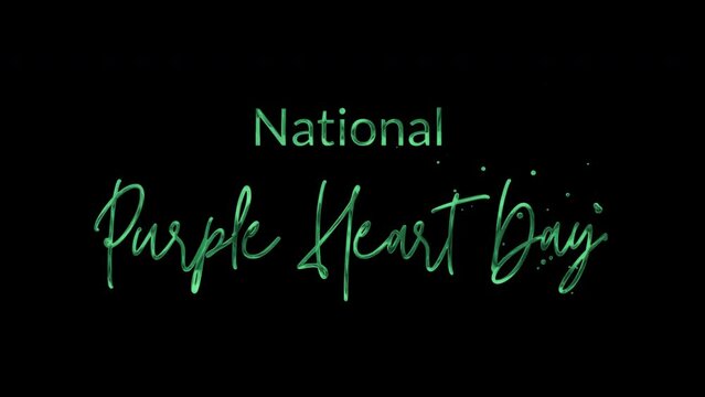 Elegant 4K National Purple Heart Day text animation with gold ink droplets forming flowing calligraphy. Glowing effect, transparent background, perfect for commemorative events.

