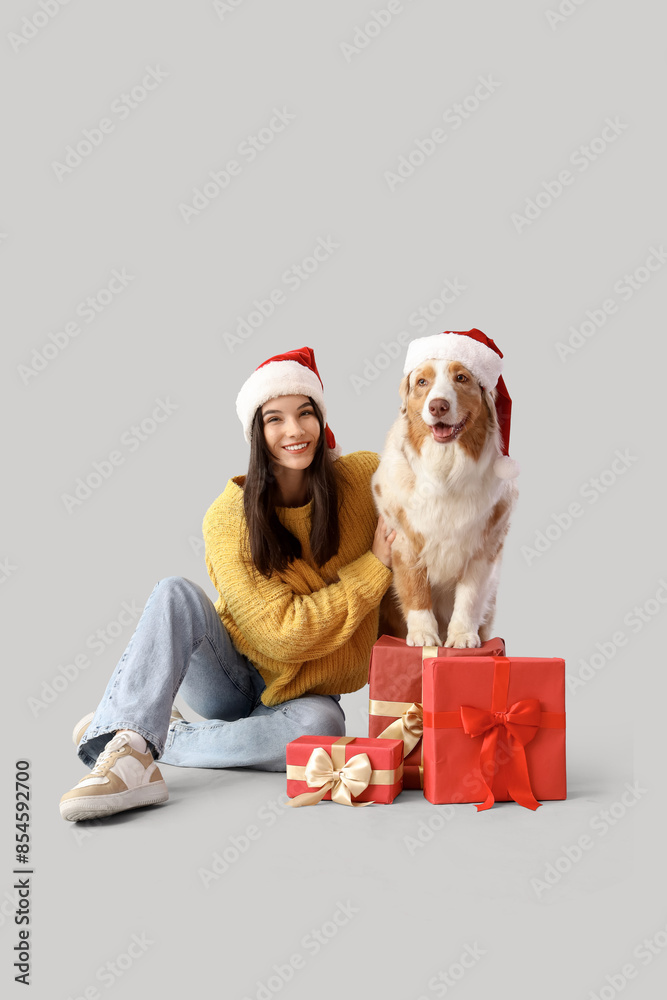 Poster Young woman with Australian Shepherd dog in Santa hats and Christmas gifts on light background