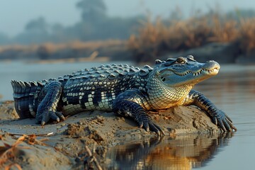 A Gharial crocodile resting on a sandy riverbank in India, its long, narrow snout filled with sharp teeth visible as it basks in the sun.