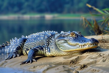 Obraz premium A Gharial crocodile resting on a sandy riverbank in India, its long, narrow snout filled with sharp teeth visible as it basks in the sun.