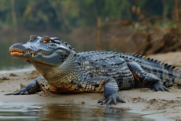 Fototapeta premium A Gharial crocodile resting on a sandy riverbank in India, its long, narrow snout filled with sharp teeth visible as it basks in the sun.