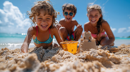 Kids playing with sand on beach during summer vacation. Children having fun on tropical sand beach during summer vacation.
