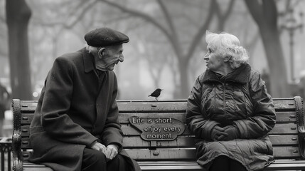 Black and white portrait of senior couple sitting on a bench in the park