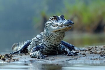 Fototapeta premium A Gharial crocodile resting on a sandy riverbank in India, its long, narrow snout filled with sharp teeth visible as it basks in the sun.