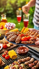 Delicious barbecue feast with assorted grilled meats, vegetables, and sauces, perfect for an outdoor summer party.