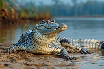 A Gharial crocodile resting on a sandy riverbank in India, its long, narrow snout filled with sharp teeth visible as it basks in the sun.