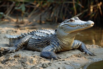Fototapeta premium A Gharial crocodile resting on a sandy riverbank in India, its long, narrow snout filled with sharp teeth visible as it basks in the sun.