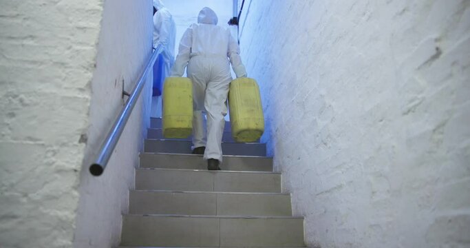 Chemical waste, toxic and people with barrels in ppe suit, dangerous or nuclear product. Poison, radiation or stairs with radioactive material and ecological disaster, team and environmental clean up
