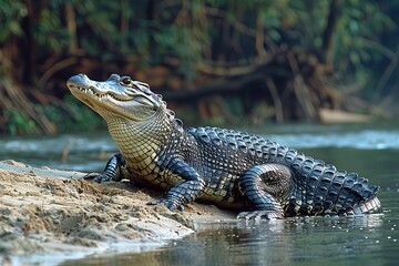 Fototapeta premium A Gharial crocodile resting on a sandy riverbank in India, its long, narrow snout filled with sharp teeth visible as it basks in the sun.