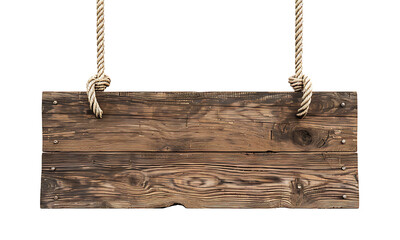 Brown wooden hanging sign on rope against transparent background