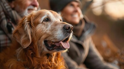 Happy Family Hiking with Golden Retrievers in Autumn