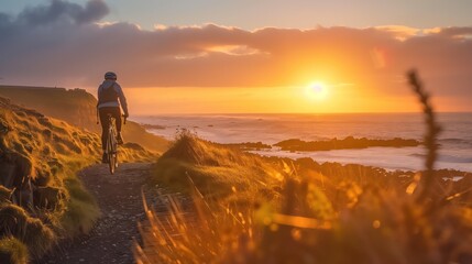A cyclist riding along a scenic coastal path at sunset