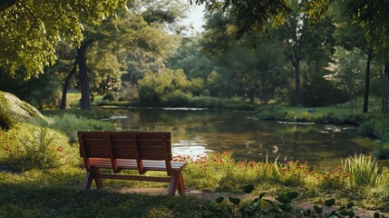 Peaceful Park with Bench by the Lake - Tranquil Outdoor Setting with Lush Greenery