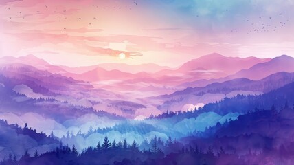 Obraz premium Watercolor Illustration of a Serene Sunrise Over Mountains. A Peaceful Dawn in Vibrant Colors.