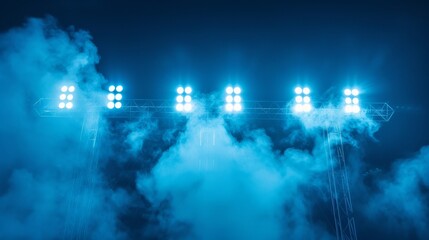 Fototapeta premium close up of stadium lights on blue background with smoke
