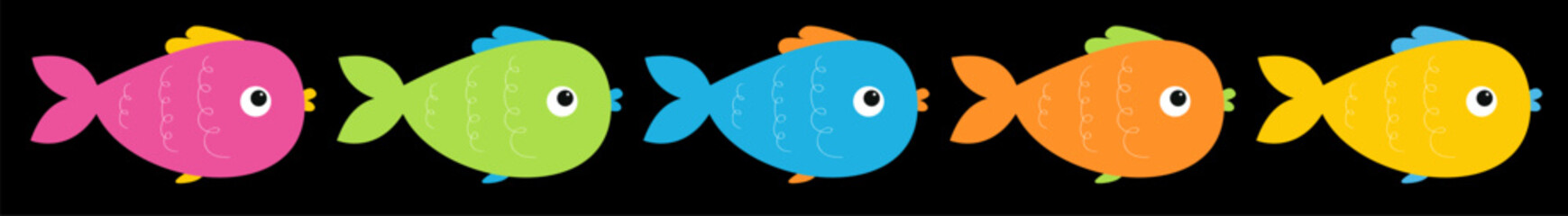 Fish icon set line. Marine life. Cartoon cute kawaii colorful funny baby character. Brightly aquarium sea ocean animals. Kids collection. Childish style. Isolated. Black background. Flat design Vector