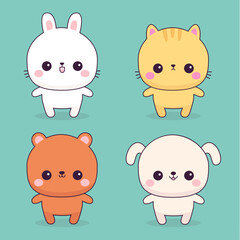 Chibi cat kitten, bunny rabbit, dog puppy, bear icon set. Round face. Cute cartoon kawaii funny baby animal character. Love card. Sticker print. Valentines day. Flat design. Blue background. Vector