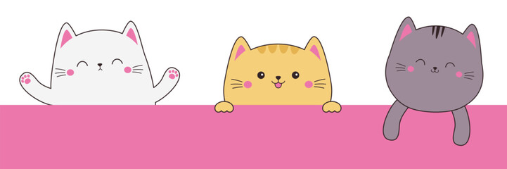 Obraz premium Three cat set hanging on pink paper. Funny Kawaii pet animal. Kitten with hands. Paw print on the table. Line contour silhouette. Cute cartoon doodle baby character Flat design White background Vector