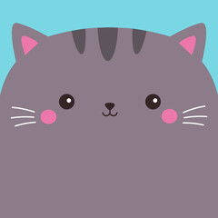 Gray kawaii cat smiling face head. Cute cartoon kitten animal silhouette. Funny baby kitty. Happy Valentines Day. Love card, banner, sticker print. Childish style. Flat design. Blue background. Vector