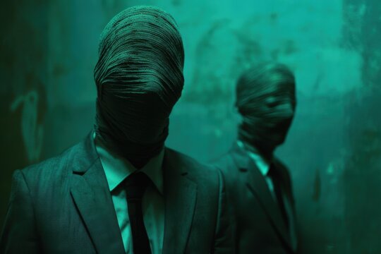Two men dressed in suits with their faces wrapped in cloth stand in a dark and mysterious room with green lighting.