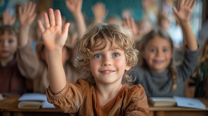 Fototapeta premium happy children in class, with the focus on one child's hand raised high. The background is an indoor classroom setting with desks and blackboard for elementary school. Back to school concept