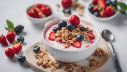 view of aesthetic Yogurt with strawberry. Plain white greek yogurt with fresh berries and granola