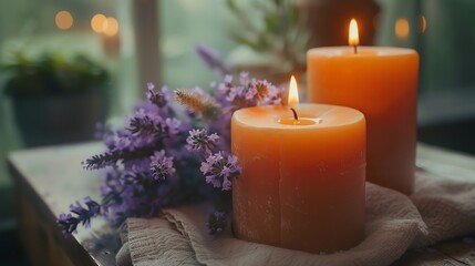 Two burning candles and lavender flowers on a rustic table.