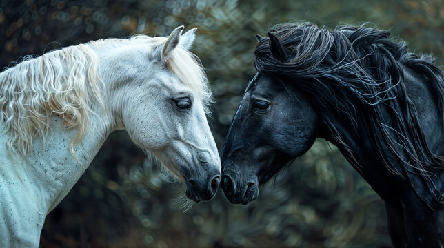 A black and a white horse looking face to face to each other - Powered by Adobe