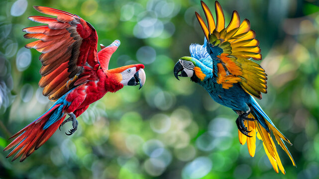Two colourful parrots, a red macaw and a blue and yellow macaw, flying together in a tropical rainforest